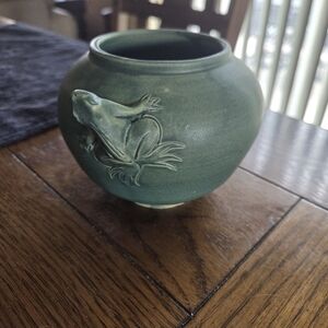 Arts & Crafts Style Matte Green Glazed Frog Vase